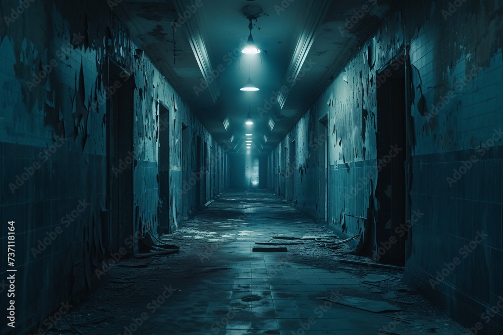 Abandoned Hallway in Blue Tones A Post-Apocalyptic Vibe Generative AI