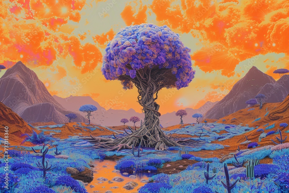 Purple Tree in a Pink Sky A Surreal Artwork for the Month of April Generative AI - obrazy, fototapety, plakaty 