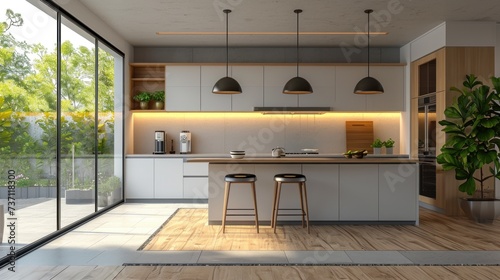 Contemporary kitchen space with handle less gloss cabinets. Generative ai, 