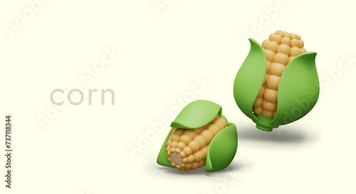 3D cobs of young corn in green leaves. Advertising concept with sweet corn
