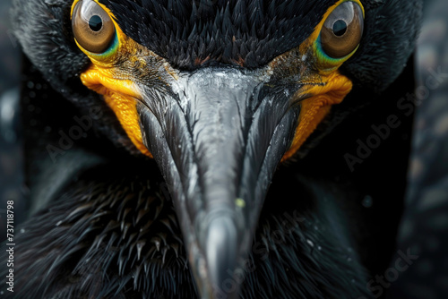 An up-close view of a cormorant's face, highlighting its striking eyes and sleek beak