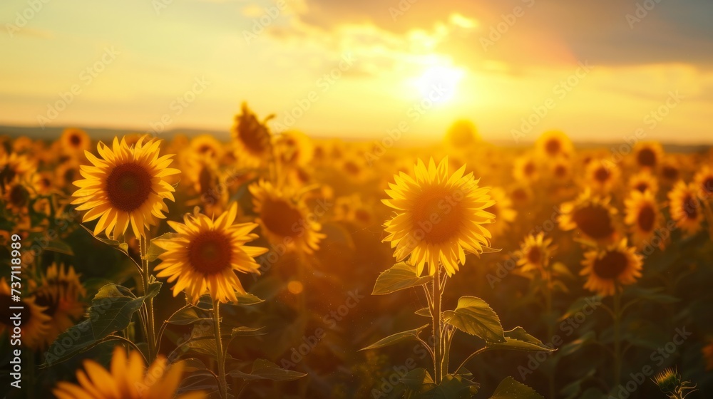 Fototapeta premium Endless field of sunflowers illuminated by the sun, harvest and agricultural business concept 