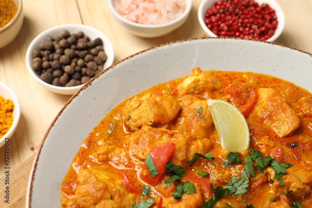 Delicious chicken curry and spices on wooden table, closeup Delicious chicken curry and spices on wooden table, closeup