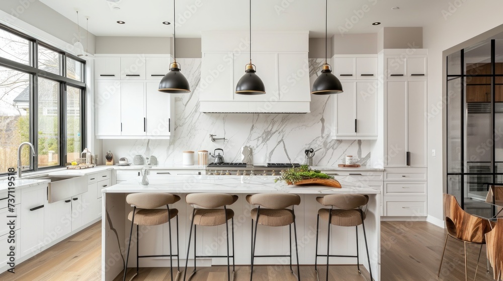 Contemporary kitchen with sleek white cabinets and marble wall tiles. Generative ai,  - obrazy, fototapety, plakaty 
