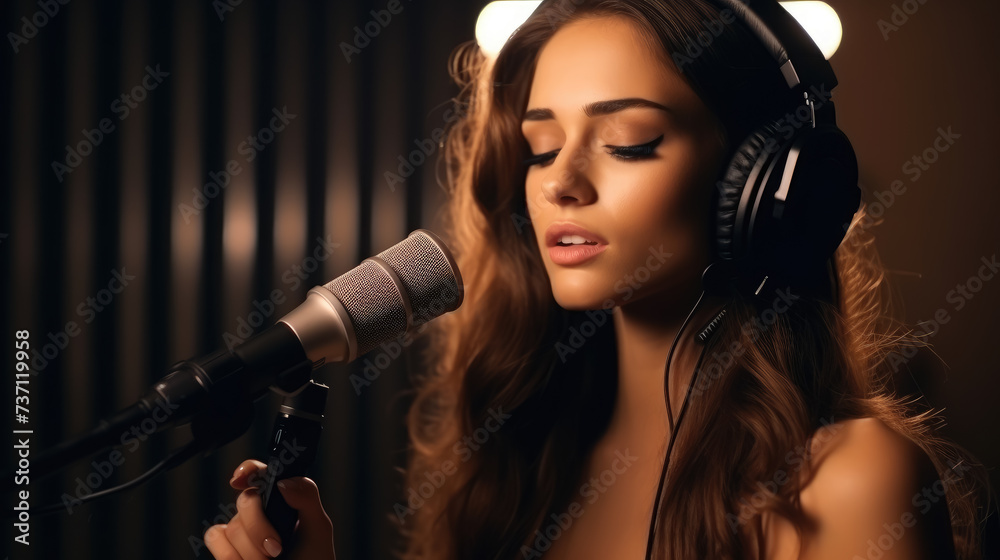 beautiful young woman sings into a microphone in a recording studio, singer, music, song, performance, hobby, voice, sound, show, girl, portrait, label, announcer, speaker