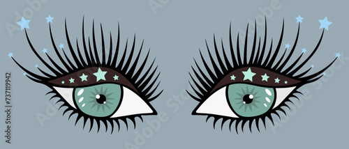 The look of aquamarine eyes. On half-closed eyelids, brown eyeshadow and sparkling glitter. Lush black eyelashes covered with stars. White highlights on the iris and pupil. Color vector illustration. 