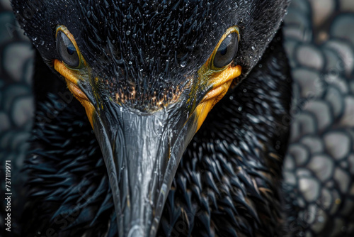 Close-up of a cormorant's face, revealing its intense gaze and distinctive features
