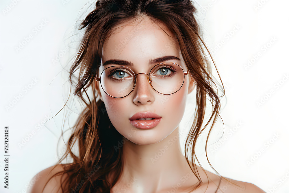 Closeup portrait of beautiful woman wearing eyeglass isolated on white background Closeup portrait of beautiful woman wearing eyeglass isolated on white background