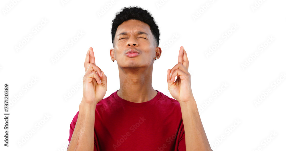 Man, fingers crossed and hope with praying for good luck, hand gesture or faith for results on png transparent background. Emoji, anxiety or nervous, giveaway or bonus with isolated and superstition Man, fingers crossed and hope with praying for good luck, hand gesture or faith for results on png transparent background. Emoji, anxiety or nervous, giveaway or bonus with isolated and superstition