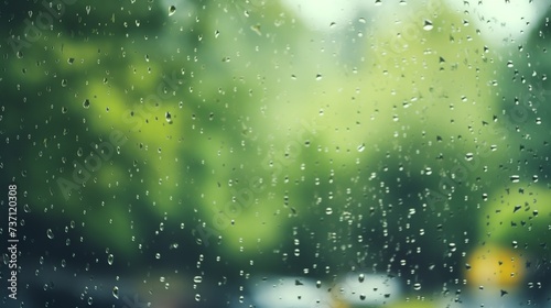 Rain drop on wet window glass with forest blur tree background © JH45