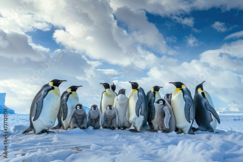 A family of emperor penguins huddled together in the Antarctic cold