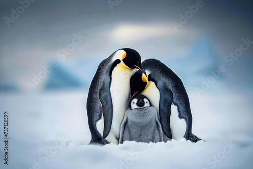 A family of emperor penguins huddled together in the Antarctic cold