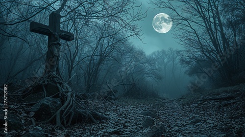 Moonlit Night at the Crossroads A Spine-Chilling Encounter with the Full Moon Generative AI photo
