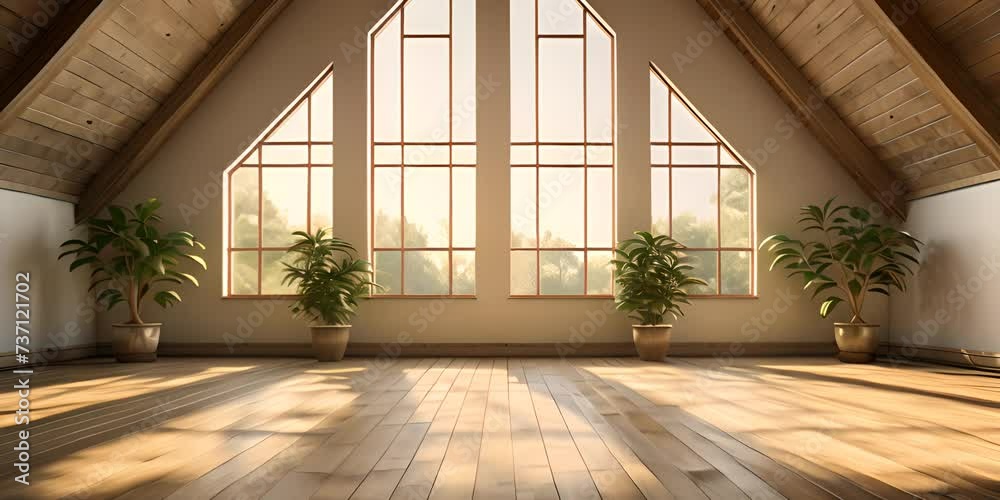 Front view of sunny empty loft interior room with wooden floor 4K motion