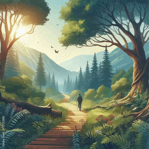 walking through the forest adventure illustration , nature scene with hiking track and trees  photo