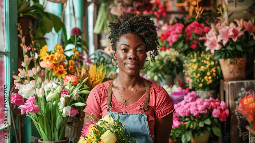Confident young florist shop owner at her boutique standing proudly. Female business owner at her store. 
