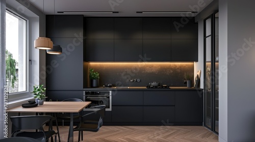 Efficient kitchen layout with handle less cabinets in matte black. Generative ai  