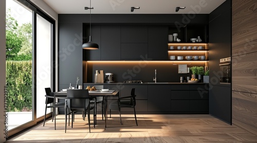 Efficient kitchen layout with handle less cabinets in matte black. Generative ai
