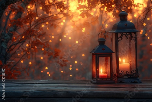Fall's Enchanting Embers A Luminous Lamp and Candle Set Generative AI