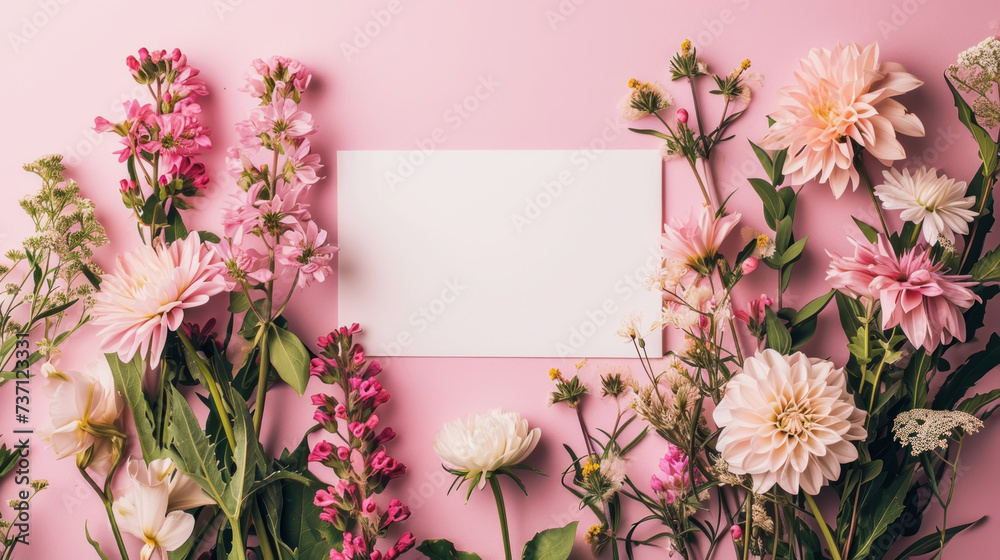 Elegant paper card layout with spring flowers on pink background. Girish greeting card design concept. Generative AI Elegant paper card layout with spring flowers on pink background. Girish greeting card design concept. Generative AI