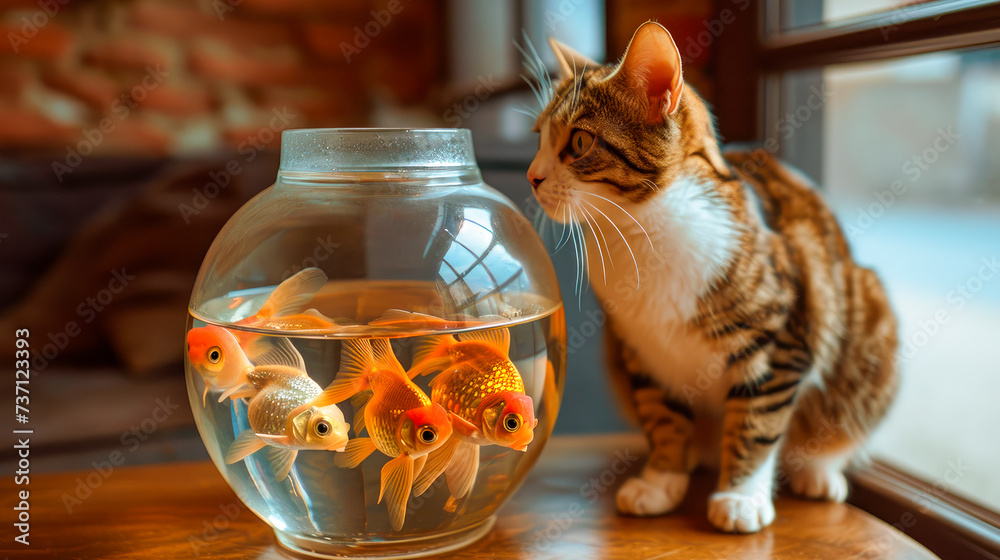 A beautiful fluffy cat is hunting for a goldfish in an aquarium on the table.