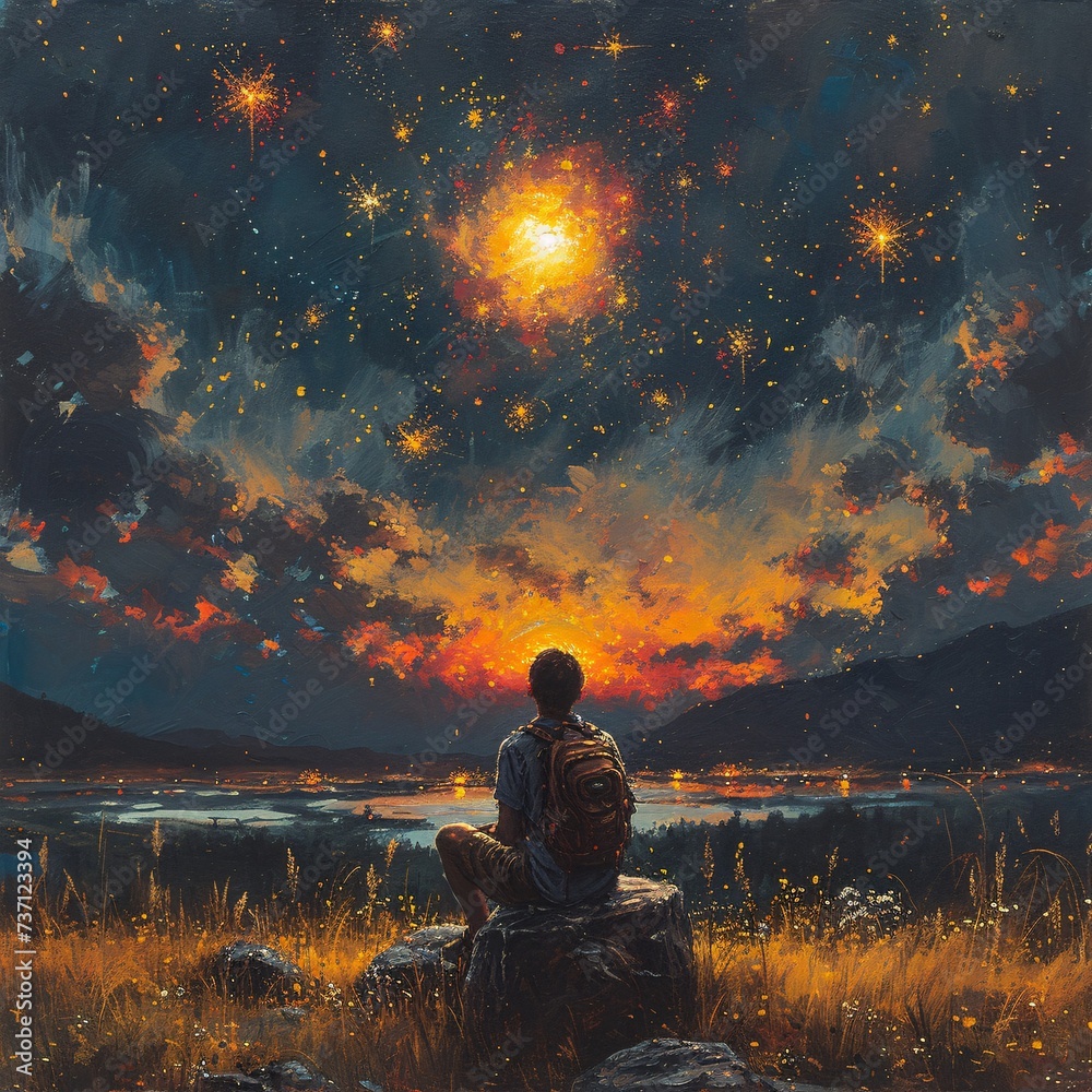 Stargazing in the Field A Nighttime Painting of a Man Sitting on a Rock Under a Sky Full of Stars Generative AI Stargazing in the Field A Nighttime Painting of a Man Sitting on a Rock Under a Sky Full of Stars Generative AI
