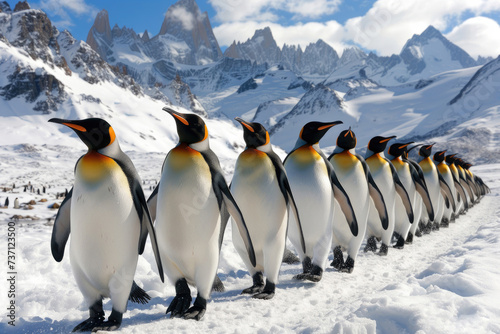 A charming scene of penguins marching in unison across the snowy terrain