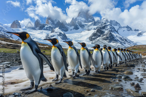 A charming scene of penguins marching in unison across the snowy terrain