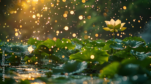 An evocative photograph capturing the Lotus effect in action during a gentle rain shower, with water droplets glistening on the leaves against a backdrop of soft natural light.