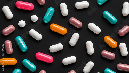 This is an image of various pills gathered together. generative AI.
