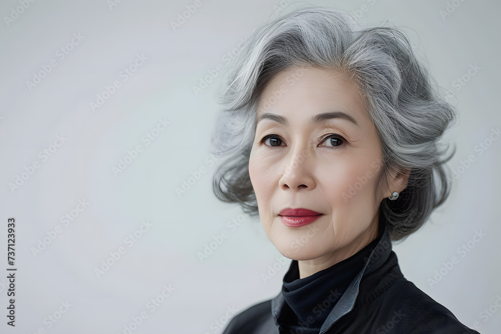 Close up portrait of beautiful mature asian woman isolated on white or light background