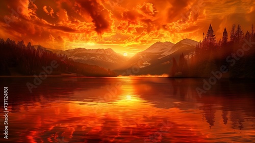 Beautiful sunset in an environment with a lake in the middle of nature and clouds in the sky Generative AI Illustration