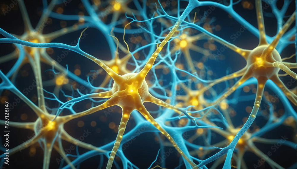 Close-up of a neuron or nerve cell integrated in the neuronal network and sending and transmitting impulses Close-up of a neuron or nerve cell integrated in the neuronal network and sending and transmitting impulses