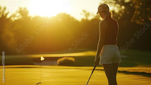 Pemain golf wanita profesional memilih klub golf dari tas. photo