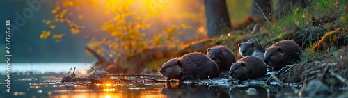 Beaver family sitting at the bank of the forest river with setting sun. Group of wild animals in nature. Horizontal, banner. © linda_vostrovska