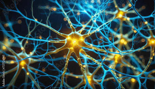 Close-up of a neuron or nerve cell integrated in the neuronal network and sending and transmitting impulses