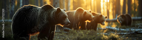Grizzly bear family walking towards the camera in the forest with setting sun. Group of wild animals in nature. Horizontal, banner.