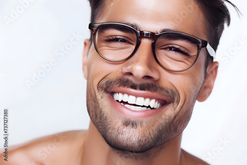 Close up portrait of handsome smiling man wearing eyeglass. Elegant man in glasses. Optics style for men