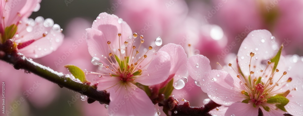 Panoramic view of delicate cherry blossoms with water droplets