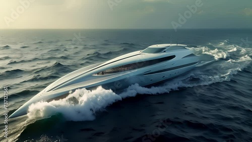 A majestic yacht gliding across the ocean its sophisticated gyroscopic stabilization keeping it level and stable even as it hits high speeds. photo