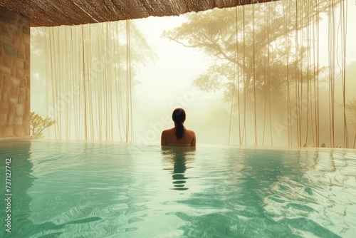 Tranquil Retreat: Young Woman Swimming in Resort Pool Overlooking Lush Mountain Vistas