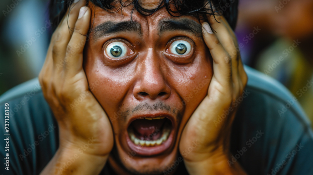 Close up portrait of a scared Asian man with his hands on his face. Close up portrait of a scared Asian man with his hands on his face.