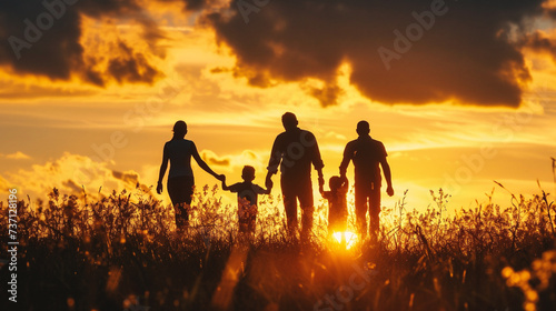 Silhouette of a family walking in the field at sunset