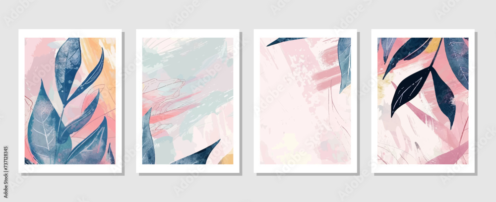 Obraz premium set of abstract vector backgrounds featuring tropical leaves. Hand-drawn textures suitable for wall decoration, postcard designs, or brochure covers.
