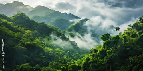 Tropical green mountains with mist. Cloudy foggy sky backdrop. Generative AI