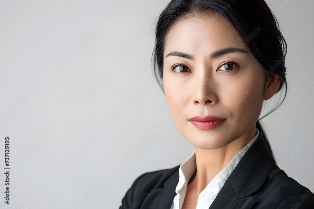 Close up portrait of beautiful elegant mature asian business woman isolated on white or light background Close up portrait of beautiful elegant mature asian business woman isolated on white or light background