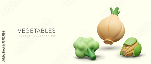Advertising banner with 3D vegetables in cartoon style. Color layout