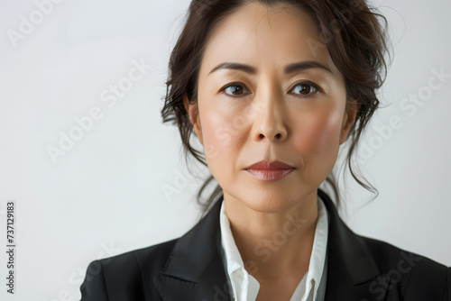 Close up portrait of beautiful elegant mature asian business woman isolated on white or light background