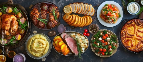 A mouth-watering variety of delicious foods spread out on a table for a feast photo