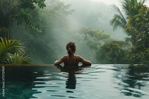 Tranquil Retreat: Young Woman Swimming in Resort Pool Overlooking Lush Mountain Vistas © Murda